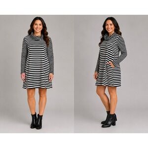 Merona‎ Womens Striped Cowl Neck Long Sleeve A-Line Dress Black White Large